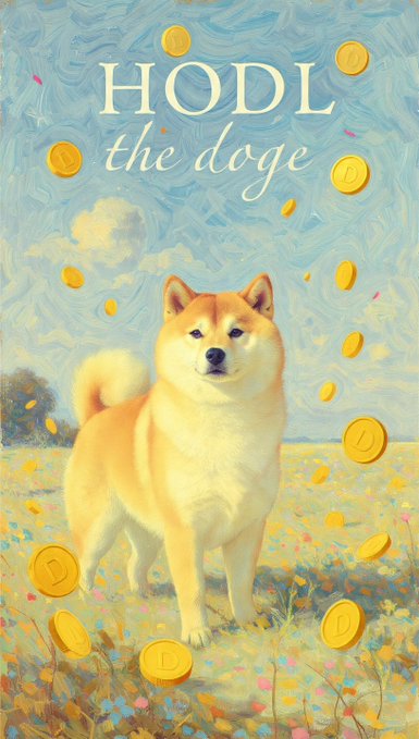 Crypto meme artwork with text 'HODL the doge' showing a Shiba Inu dog standing in a field of flowers surrounded by Dogecoin (D) coins, styled like a Van Gogh painting.