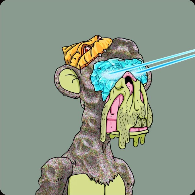 A cartoon illustration of a monkey wearing a crown and a blue crystalline visor, shooting blue laser beams from its eyes against a muted green background.