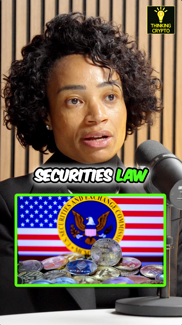 The image is a thumbnail from Thinking Crypto featuring a woman speaking into a microphone during an interview, with bold text reading "SECURITIES LAW" overlaid. Below her is a graphic showing the U.S. flag, the SEC seal, and various cryptocurrencies including Bitcoin and Ethereum, visually reinforcing the post's message about SEC regulation of crypto.