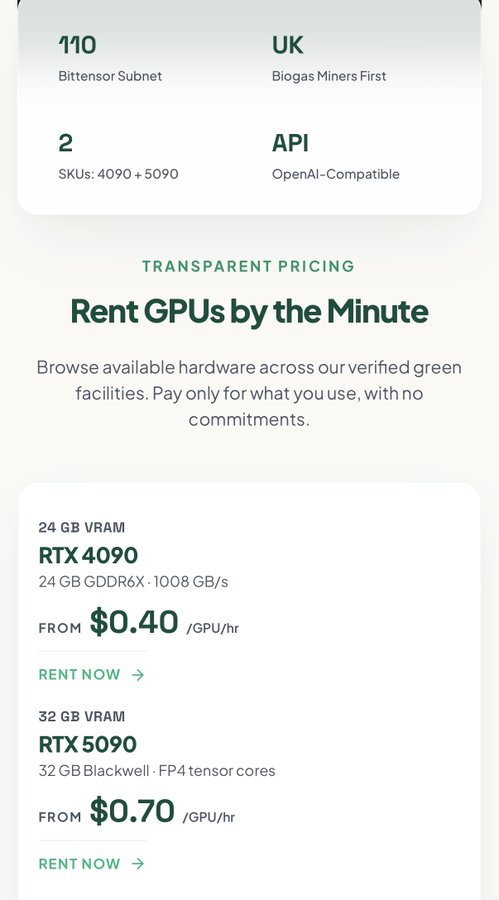 The image displays a pricing section from Green Compute's website, showing GPU rental options on Bittensor Subnet 110, including an RTX 4090 (24 GB VRAM) from $0.40/GPU/hr and an RTX 5090 (32 GB VRAM) from $0.70/GPU/hr, with an OpenAI-compatible API. This visually supports the post's claim about turning agricultural waste into enterprise AI compute through dedicated biogas-powered GPU infrastructure.