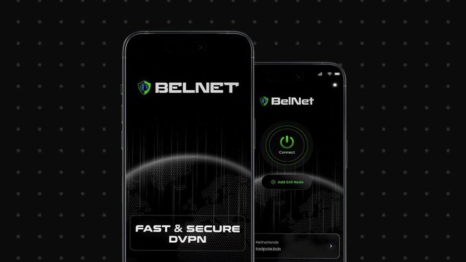 The image showcases a promotional graphic for BelNet VPN, featuring two smartphone screens against a dark, starry background. The left phone displays the BelNet logo with the tagline "FAST & SECURE DVPN," while the right phone shows the app's interface with a "Connect" button and a Netherlands server option. This visually reinforces the post's message about BelNet, powered by BeldexCoin ($BDX), providing private and decentralized connections for secure online browsing.