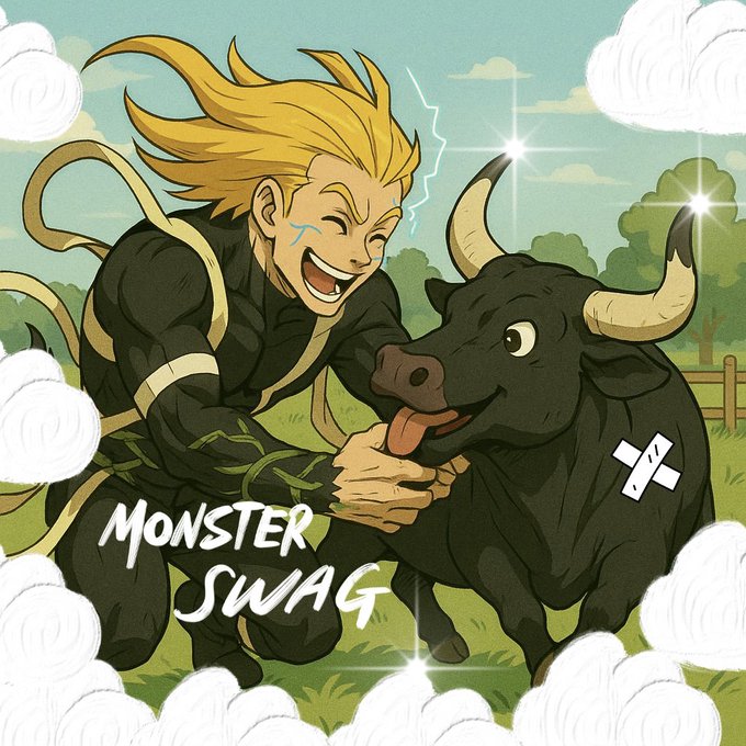 An anime-style illustration of a spiky blonde-haired warrior laughing while grabbing the tongue of a black bull with a white 'X' symbol, with the text 'MONSTER SWAG' in the lower left.