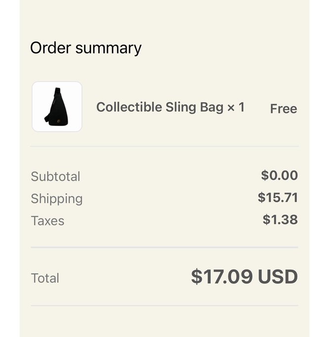 An order summary showing a free 'Collectible Sling Bag x 1' with $15.71 shipping and $1.38 taxes, totaling $17.09 USD.