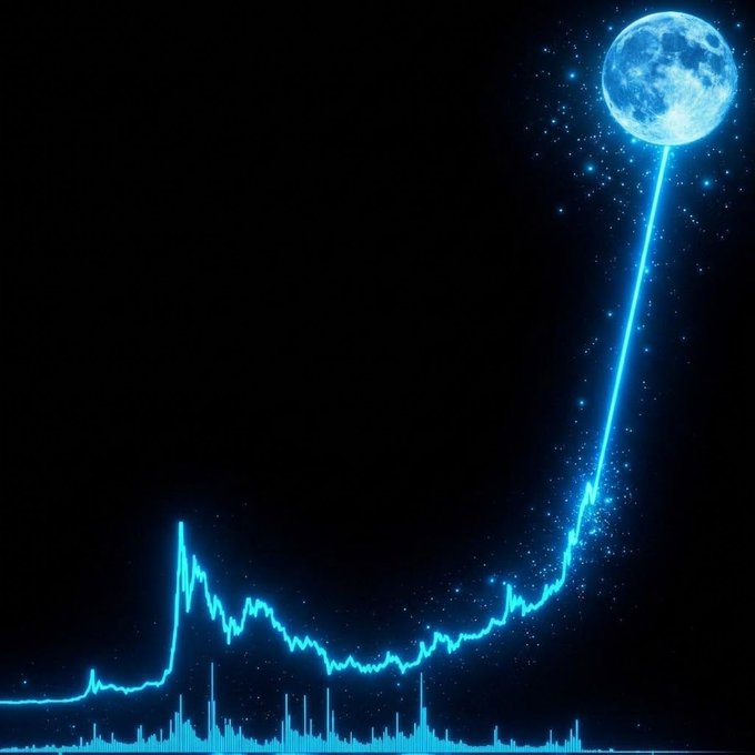 A dark background featuring a glowing blue line chart with a rocket-like trajectory launching toward a glowing full moon in the upper right corner.