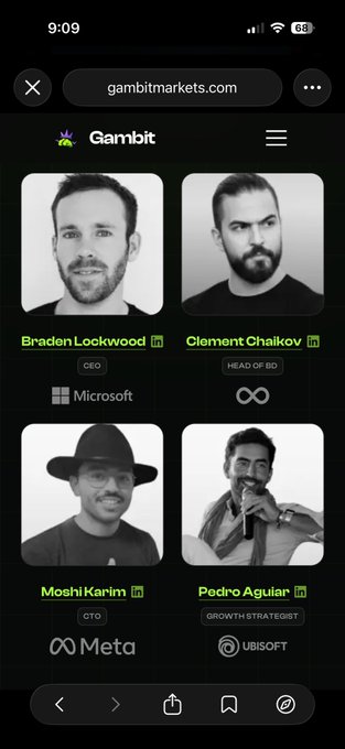 A mobile browser screenshot of gambitmarkets.com showing a team page with headshots and titles for Braden Lookwood (CEO, ex-Microsoft), Clement Chaikov (Head of BD), Moshi Karim (CTO, ex-Meta), and Pedro Aguiar (Growth Strategist, Ubisoft).