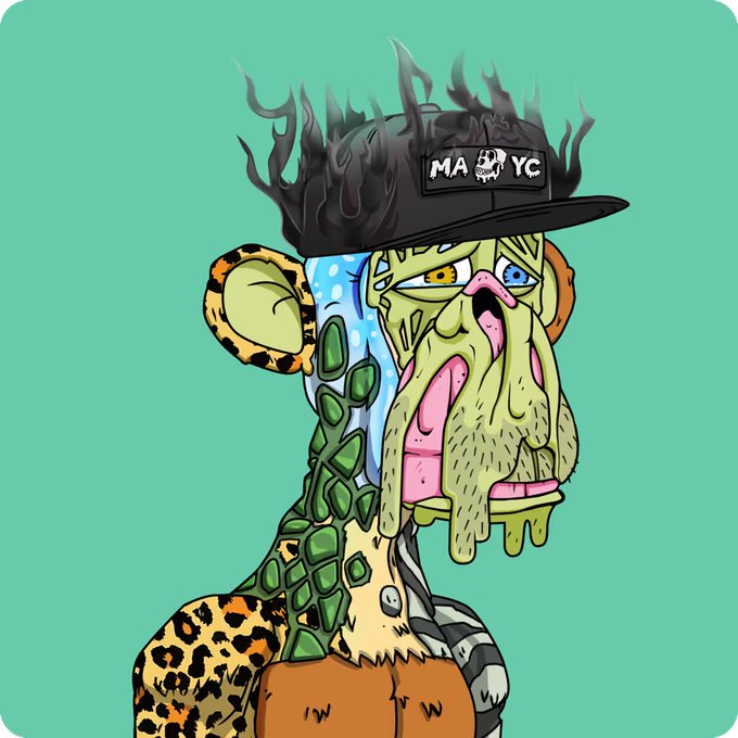 A cartoon-style NFT illustration depicts a grotesque, melting zombie-like character with mismatched eyes, wearing a black cap with flames, on a teal background.