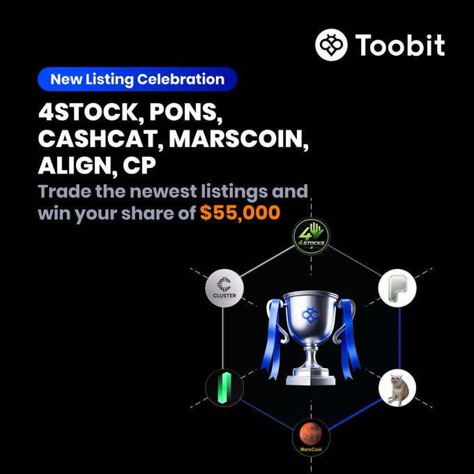 A promotional graphic for Toobit announcing a "New Listing Celebration" for "4STOCK, PONS, CASHCAT, MARSCOIN, ALIGN, CP" with a prize pool of "$55,000".