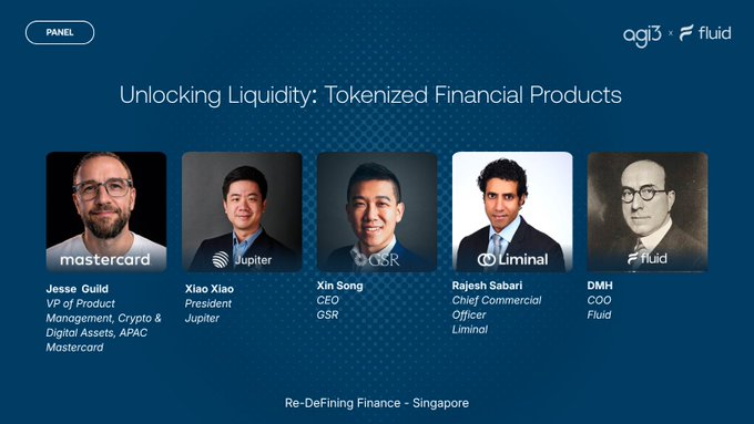 Panel announcement for "Unlocking Liquidity: Tokenized Financial Products" at Re-Defining Finance in Singapore, featuring speakers Jesse Guild (Mastercard), Xiao Xiao (Jupiter), Xin Song (GSR), Rajesh Sabari (Liminal), and DMH (Fluid) as moderator, hosted by OGI3 × Fluid.