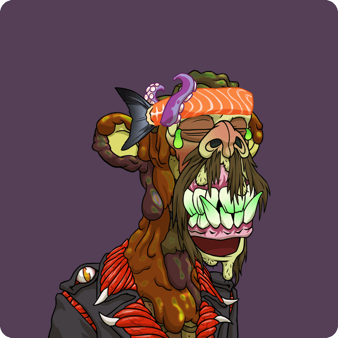 A grotesque cartoon illustration features a decaying zombie-like creature with a wide, toothy grin, a large nose, and a brown mustache, with a piece of salmon sushi and purple tentacles sitting on top of its head.