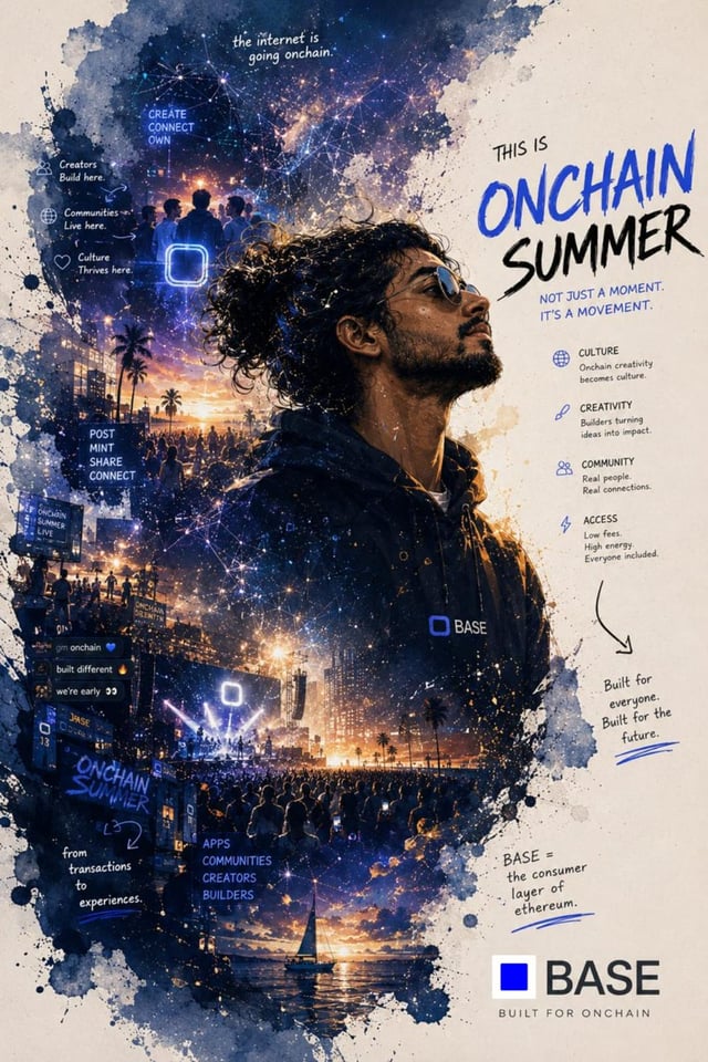 A promotional poster titled 'THIS IS ONCHAIN SUMMER' featuring a man looking up at a starry sky, with text promoting Base as 'the consumer layer of ethereum' and noting 'BUILT FOR ONCHAIN.'