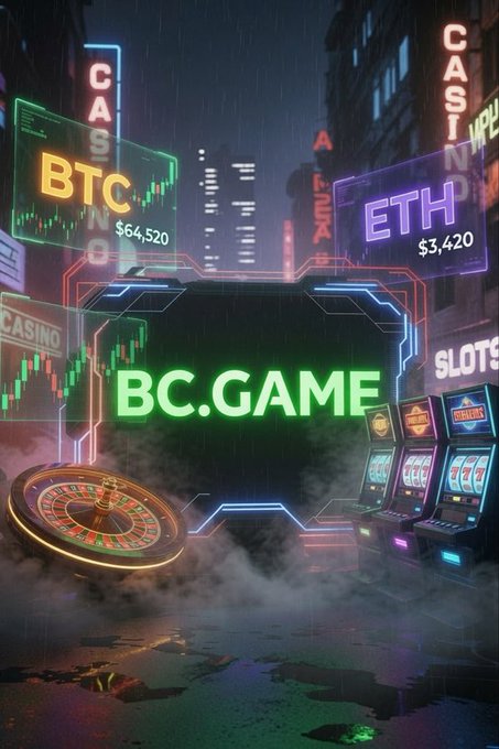 A neon-lit cyberpunk promotional graphic for 'BC.GAME' featuring a roulette wheel, slot machines, and cryptocurrency price displays for BTC ($64,520) and ETH ($3,420).