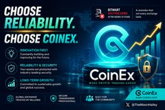 The image is a promotional banner for "CoinEx" featuring the tagline "CHOOSE RELIABILITY. CHOOSE COINEX" and highlighting benefits like innovation, long-term growth, and registration with FinCEN, along with a Trustpilot rating and various platform features.

The image does not directly relate to the post about Japan passing a Crypto Clarity Act; rather, it appears to be a generic advertisement for the CoinEx cryptocurrency exchange platform.