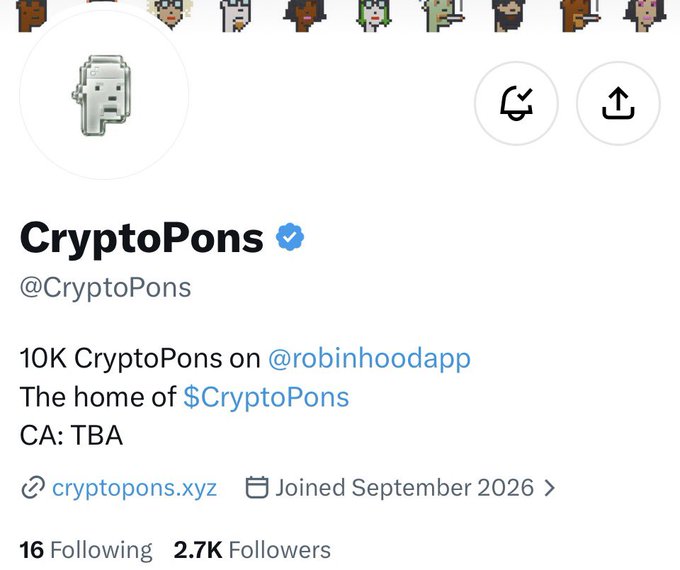 The image shows the Twitter profile of verified account @CryptoPons, which advertises "10K CryptoPons on @robinhoodapp" as their tagline, with a verified checkmark, 2.7K followers, and a link to cryptopons.xyz—matching the post's alert about a free mint project with a 10K supply on Robinhood.