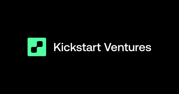 The image displays the "Kickstart Ventures" logo, featuring a green square icon with a geometric design alongside the company name in white text on a black background. This logo represents the investment arm introduced in the post, which has made its first acquisition of 50 million $CPX tokens on the open market.