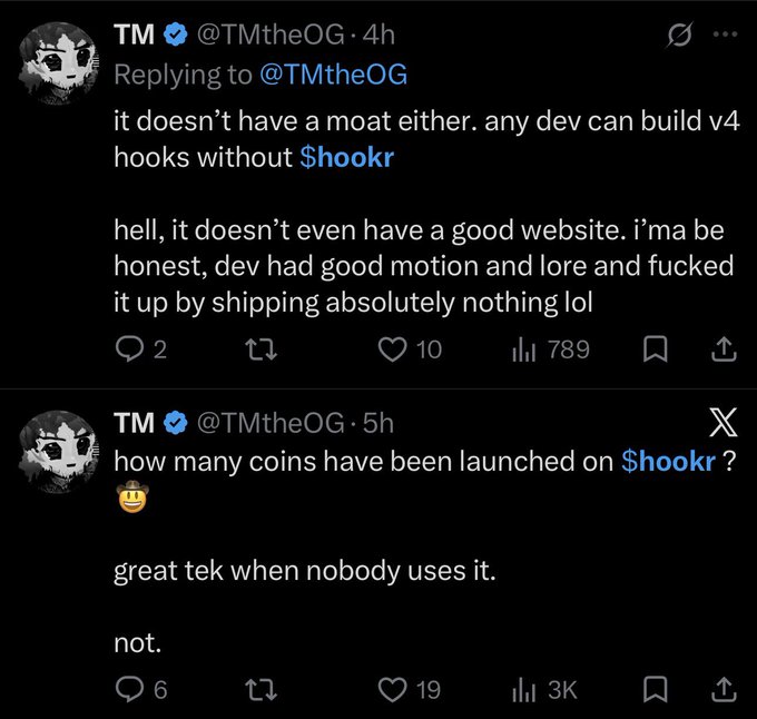 Two tweets from user @TMtheOG discussing cryptocurrency, referencing $hookr and criticizing the platform by stating 'it doesn't have a moat either' and 'great tek when nobody uses it. not.'