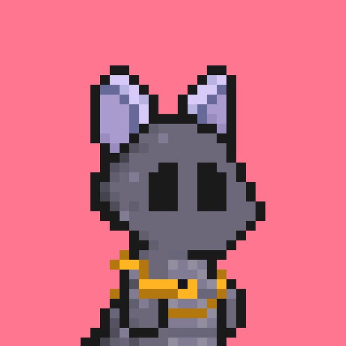 A pixel art representation of a gray, cat-like or alien character with tall, jagged ears and a dark robe with yellow trim, set against a solid pink background.
