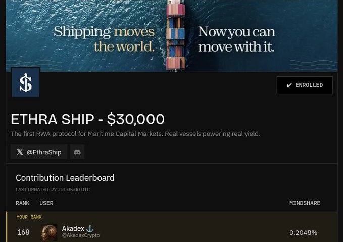 ETHRA SHIP - $30,000 contribution page showing "Shipping moves the world. Now you can move with it." with a contribution leaderboard where user @AkadexCrypto ranks 168th with 0.2048% mindshare.