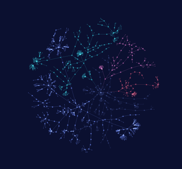 An abstract digital artwork depicting a network of glowing nodes and connecting lines in green, red, and blue against a dark background.