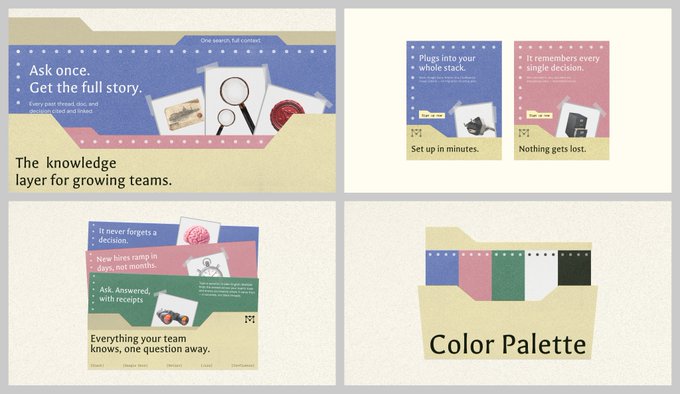 A design presentation slide showcasing a knowledge management product titled "The knowledge layer for growing teams," featuring taglines like "Ask once. Get the full story" and "Everything your team knows, one question away," along with a color palette section.