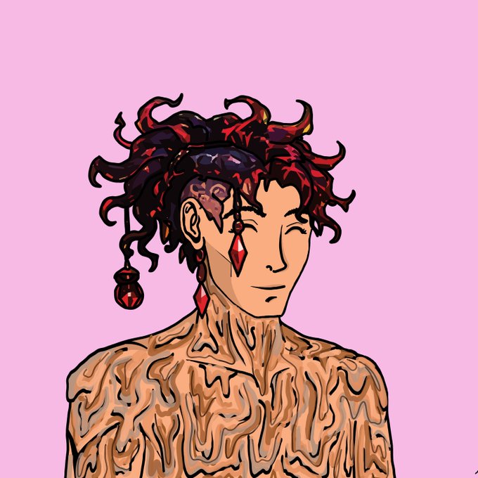 A digital illustration of a shirtless figure with flowing red and black dreadlocks, facial piercings, and red crystal jewelry against a pink background.
