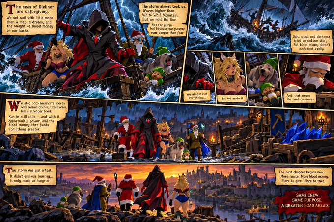 A comic book page featuring 'White Wolf' alongside Santa Claus, Supergirl, Link, and Scooby-Doo on a ship, then walking in a blizzard with a blood moon, with narration describing the seas of Gielinor as unforgiving.
