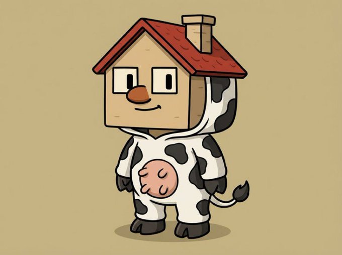 A cartoon character with a house for a head wearing a cow-print onesie.