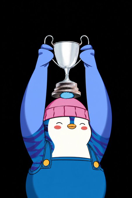 The image features a cartoon penguin wearing blue overalls, holding up a silver trophy with both hands. The caption of the image reads "If I'm gonna own ETH I prefer to do it in Lil Pudgy's." This suggests that the penguin is celebrating its victory or achievement by using the trophy as a symbol for their accomplishment.