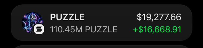 A cryptocurrency wallet screenshot displaying 'PUZZLE' with 110.45M PUZZLE tokens, valued at $19,277.66 with a green positive return of +$16,668.91.