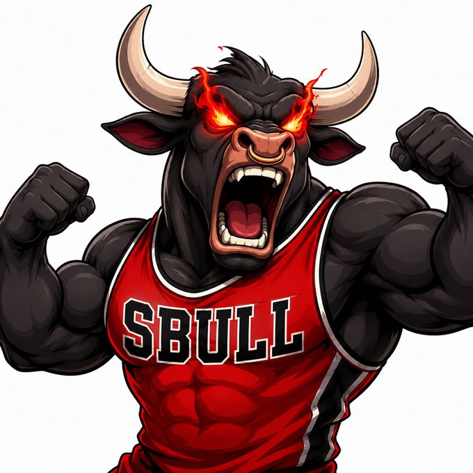 An illustrated muscular bull mascot with flaming red eyes, horns, and a nose ring, wearing a red basketball jersey that reads 'SBULL' with both fists raised.