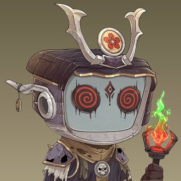 A stylized cartoon character wearing a horned samurai-style helmet with glowing red spiral eyes, a dark symbol on its forehead, and holding a torch with green flames.