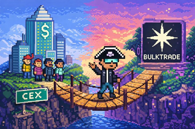 A pixel art illustration showing a pirate character on a wooden bridge connecting a city labeled 'CEX' to a sign labeled 'BULKTRADE', with four small characters standing on the left side.