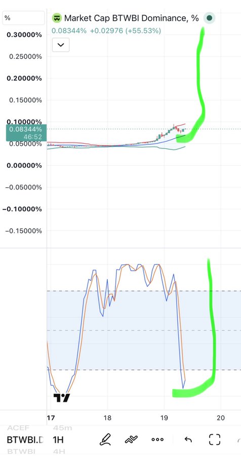 TradingView chart displaying "Market Cap BTWBI Dominance" showing a sharp upward spike marked in green at the 19-hour mark, up +0.02976 (+55.53%) on the 1H timeframe.