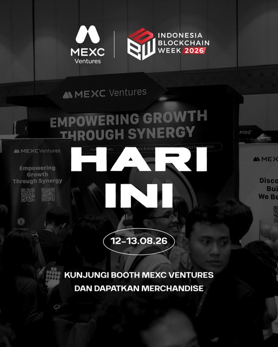 MEXC Ventures booth at Indonesia Blockchain Week 2026 featuring the slogan "Empowering Growth Through Synergy," with "HARI INI" (Today) prominently displayed and the event dates 12-13.08.26 visible.