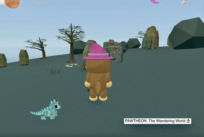 A small wizard dog character wearing a pink hat stands in a low-poly fantasy landscape with a crystal-covered companion nearby, promoting "PAWTHEON: The Wandering World," a free magical game featuring 86 wizard dogs. The text "PAWTHEON: The Wandering World" appears in the bottom right corner of the scene.