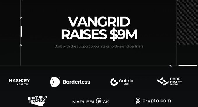 Announcement graphic stating 'VANGRID RAISES $9M' with backing from HashKey Capital, Borderless, Gate.io Labs, Code Craft Capital, Animeeca Brands, Mapleblock, and Crypto.com.
