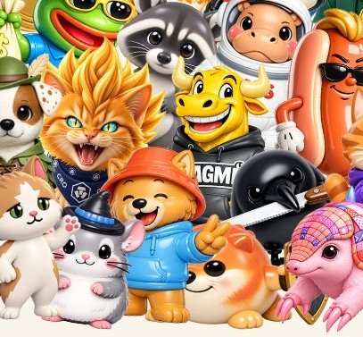 A collage of colorful cartoon characters including a cat, dog, frog, astronaut, hot dog, pig, penguin, and other anthropomorphic figures.