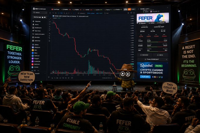 A presentation scene shows a large screen displaying a steeply declining DEX Screener chart for $FEFER, while an audience wearing 'FEFER' shirts and a cartoon mascot point towards the screen.