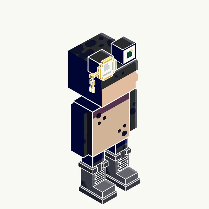 A 3D isometric illustration of a stylized blocky humanoid character resembling a robot or astronaut with a camera-like head, set against a plain white background.