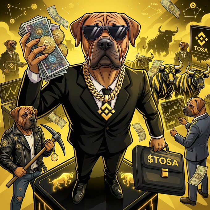 A vibrant illustrated meme-style image featuring a wealthy Shar-Pei dog in a suit and sunglasses holding cash and a briefcase labeled $TOSA, surrounded by other dogs and gold bullion in a bullish crypto/NFT theme.