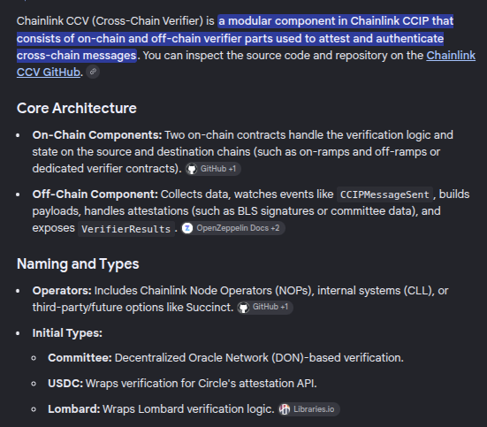 Documentation about Chainlink CCV (Cross-Chain Verifier), describing its modular component architecture, core components, naming and types including Operators, Committee, USDC, and Lombard.