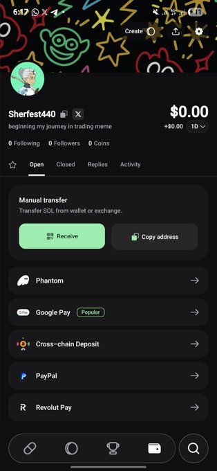 A mobile app screenshot showing a crypto wallet profile for 'Sherfest440' with $0.00 balance, featuring a manual transfer section with options like Phantom, Google Pay, Cross-chain Deposit, PayPal, and Revolut Pay.