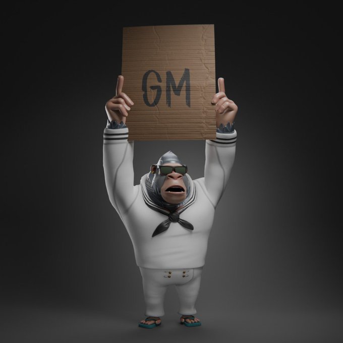 A 3D-rendered gorilla character wearing a sailor outfit and sunglasses holds up a cardboard sign reading 'GM' (Good Morning) against a dark background.