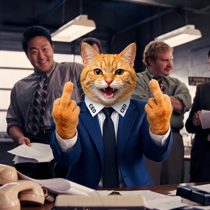 A humorous digitally edited image of an orange tabby cat's head superimposed on a businessman in a blue suit with white collars labeled 'CEO' on each side, giving both middle fingers while office coworkers stand in the background.