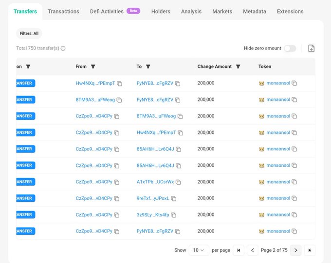 A screenshot of a Solana blockchain explorer showing 750 transfer transactions of the "$monasol" token, with each transfer displaying a consistent 200,000 token amount between various wallet addresses—likely presented as "proof" to support the promotional post claiming a $MONA airdrop, though the transfers are small and may not reflect meaningful distribution.