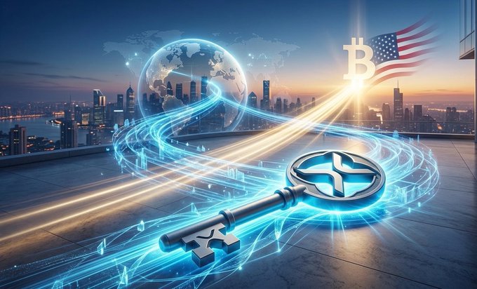 A digital illustration of a glowing blue key, a Bitcoin symbol, an American flag, and a globe set against a cityscape at sunset.