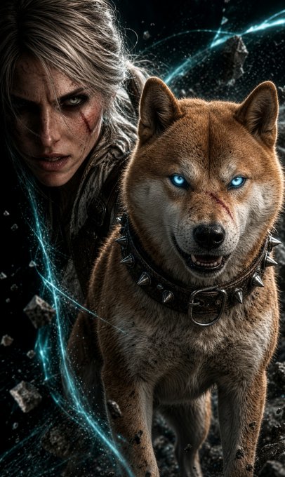 A digital artwork featuring a fierce blonde woman with battle scars alongside a snarling wolf-like dog wearing a spiked collar, set against a dark background with floating debris.