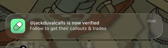 A mobile notification shows "@jackduvalcalls is now verified" with the prompt "Follow to get their callouts & trades," overlaid on a comic-style background. The image ties to the post about Solana feeling "cooked" by promoting a trading account that likely shares crypto market calls, including on SOL.