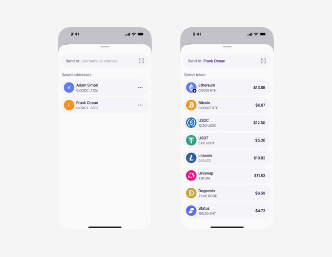 Two mobile app screens showing a crypto wallet interface for sending tokens, with saved addresses (Adam Simon, Frank Ocean) on the left and a token selection list including Ethereum ($13.89), Bitcoin ($6.87), USDC ($12.50), USDT ($5.00), Litecoin ($10.82), Uniswap ($11.83), Dogecoin ($0.59), and Status ($4.73) on the right.