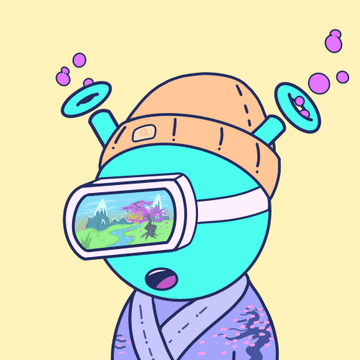 A cartoon illustration of a teal character wearing a tan beanie and a VR headset that displays a fantasy landscape with mountains, with small purple thought bubbles floating around its head.
