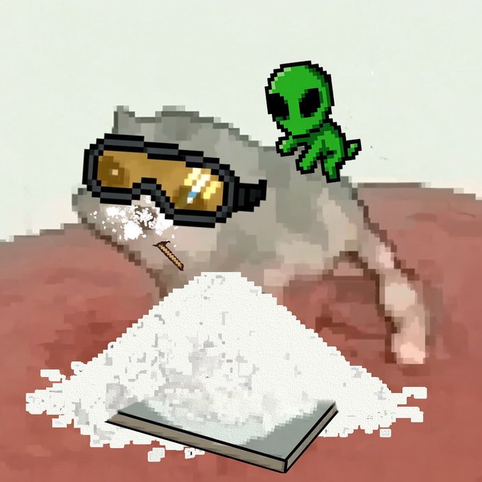 Pixel art composition showing a pile of white powder spilling onto a scale, a nail being hammered, sunglasses with golden reflective lenses, and a green alien figure in the background.